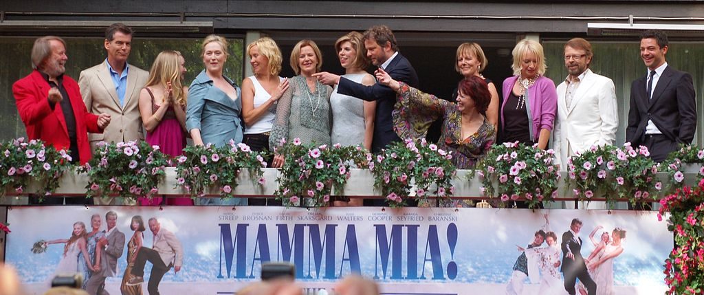 abba, 2008, mamma mia movie cast, benny andersson, pierce brosnan, amanda seyfried, meryl streep, agnetha fältskog, anni-frid lyngstad, christine baranski, colin firth, phyllida lloyd, catherine johnson, judy cramer, björn ulvaeus, dominic cooper.