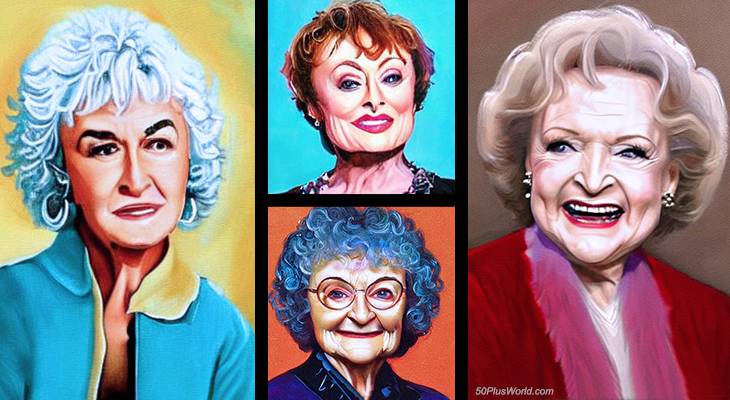 the golden girls, sitcom, 1980s tv shows, older actresses, bea arthur, rue mcclanahan, estelle getty, betty white, caricatures, paintings