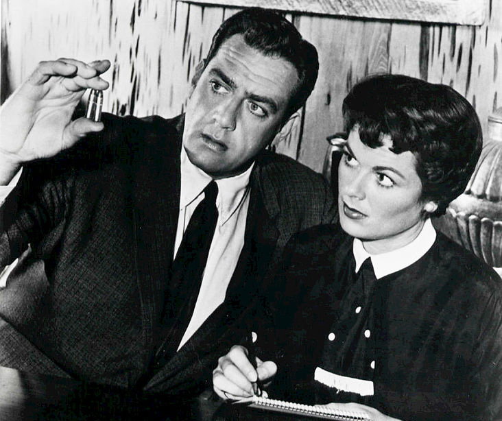 raymond burr 1958, perry mason, barbara hale, della street, 1950s tv show, 1950s television series