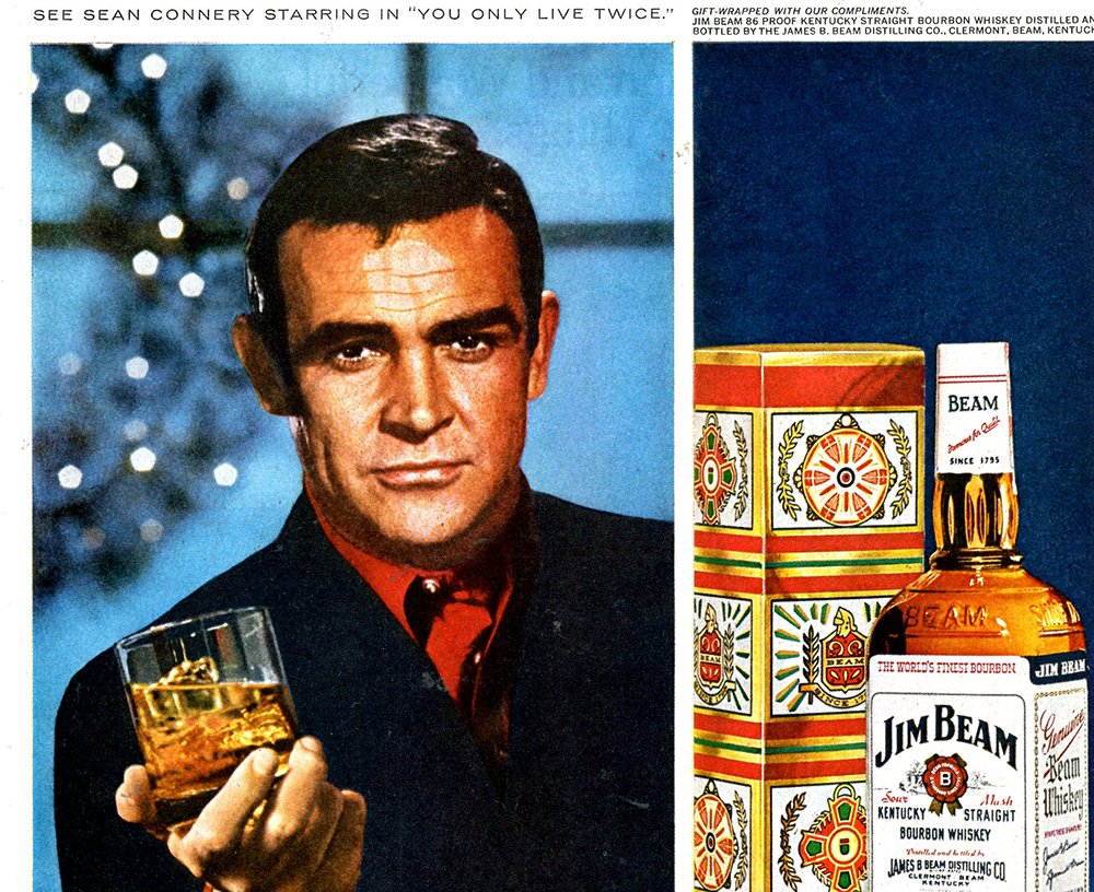 sean connery 1966, scottish actor, 1960s movies, 1960s movie star, james bond films, you only live twice advertisement, life magazine ad, jim beam whiskey ad