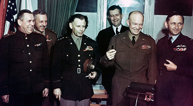 wwii, world war two, german surrender, may 7 1945, germany surrenders, allied commanders, susloparov, morgan, smith, summersby, butcher, eisenhower, tedder, america, united states military, soviet union, great britain