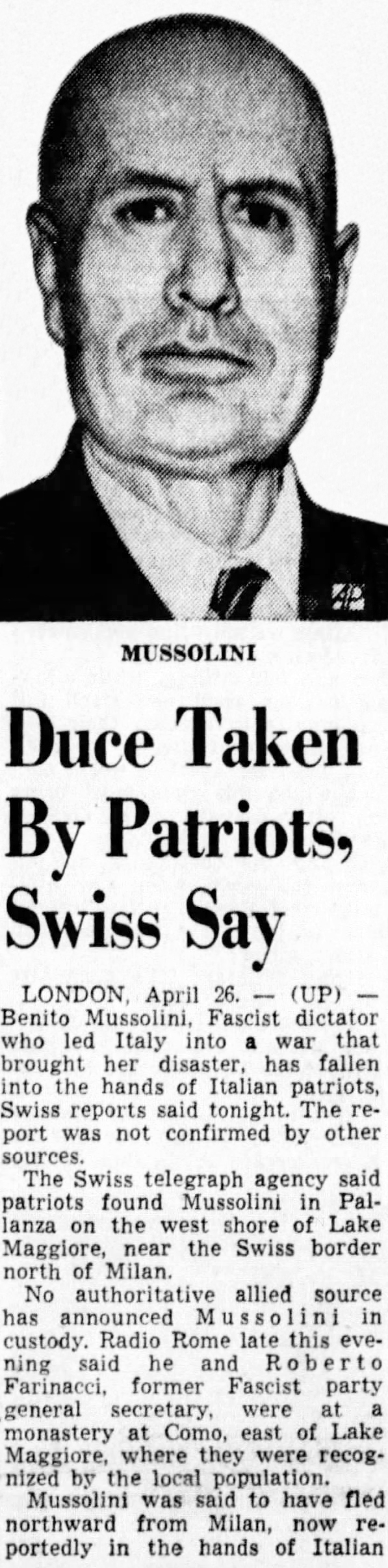 benito mussolini, april 1945, italy, world war two, wwii, italian dictator, fascist, april 27, newspaper headlines, mussolini captured reports