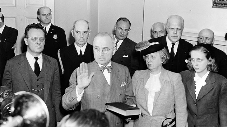 april 12 1945, president harry s truman, sworn into office, 33rd united states president, bess truman, margaret truman