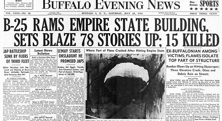 world war ii accident, wwii plane crash, empire state building, b25 bomber crash, july 28 1945, new york city, news headlines, 