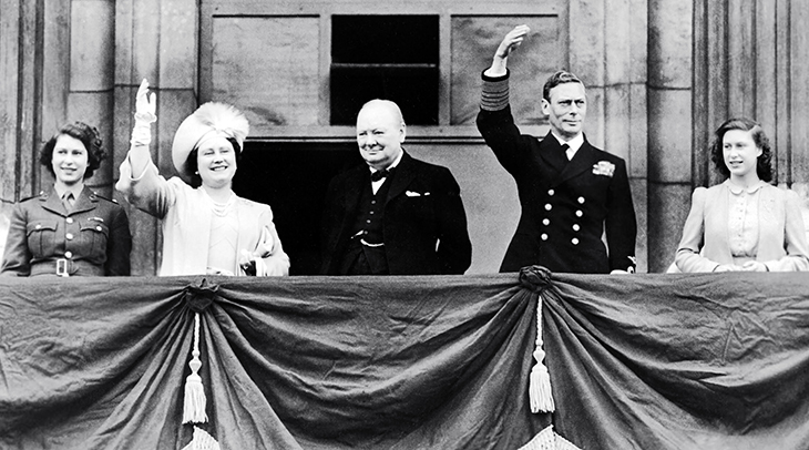 wwii, world war two, victory in europe, ve day celebration, british royal family, english monarchy, princess elizabeth, queen elizabeth, king george iv, princess margaret, prime minister, sir winston churchill, may 8 1945, buckingham palace balcony