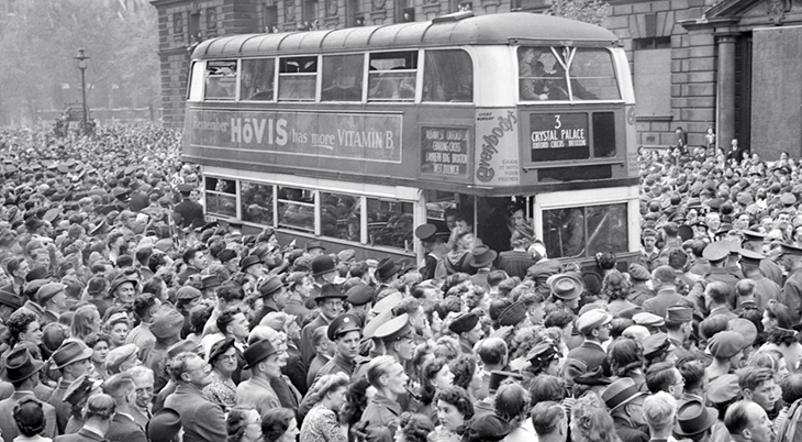 wwii, world war two, victory in europe, ve day celebration, london, england, whitehall, double decker bus, may 8 1945, 