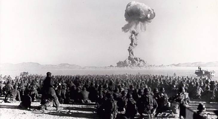 february 1951, atomic bomb testing, atomic bomb tests, nevada test site, las vegas, united states soldiers, troops, nuclear field exercise, tourist attractions, 1950s, operation buster jangle dog, desert rock 1