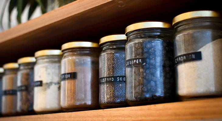 spice rack, food labels, healthy eating, glass jars, kitchen tools