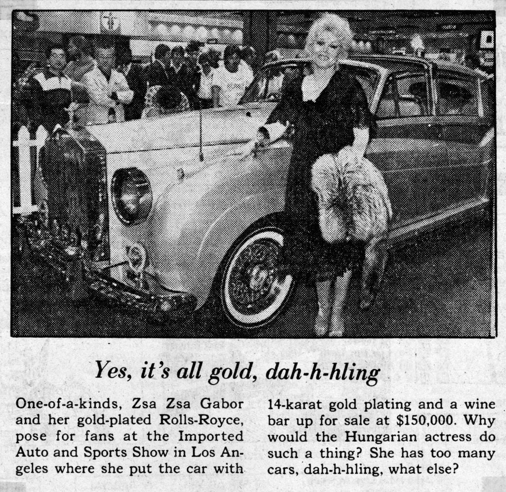 zsa zsa gabor 1979, hungarian american actress, gold plated rolls royce car, rolls royce automobile