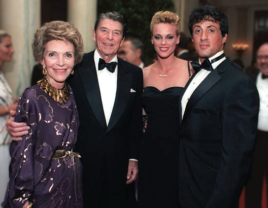 sylvester stallone 1985, brigitte nielsen, president ronald reagan, first lady nancy reagan, movies stars, american actors