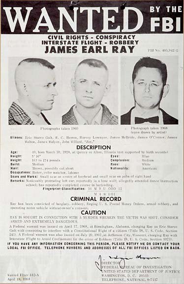 james earl ray, april 1968, fbi most wanted, fbi wanted poster, featured on the fbi tv series, convicted killer, assassination dr martin luther king jr, septuagenarian, senior citizen, died 1998