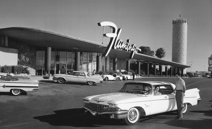 1946 december, the flamingo hotel, las vegas, bugsy siegel, mob investments, 1950s las vegas, 1950s cars