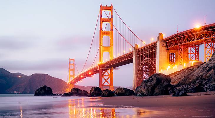 golden gate bridge, art deco, lights, san francisco, california, beach, marin headlands, rocks, 