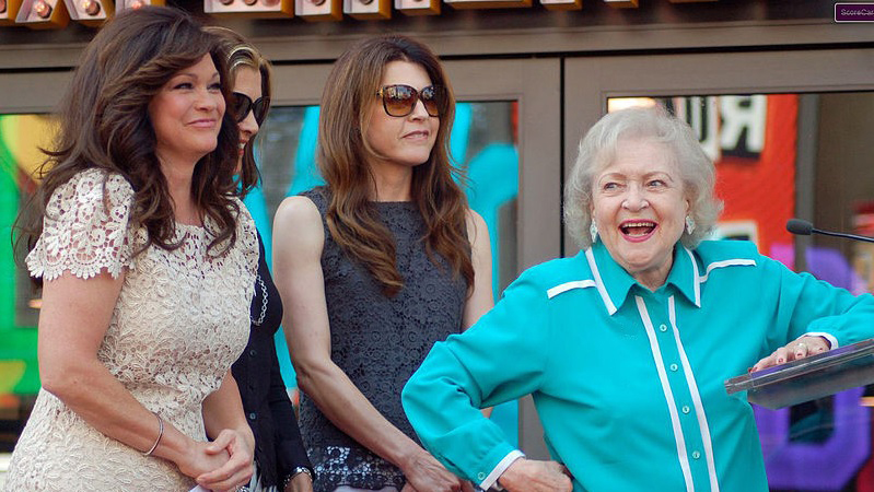 betty white 2012, hot in cleveland cast, jane leeves, wendy malick, valerie bertinelli, american actresses, 2000s television series, 2000s tv sitcoms, nonagenarian, senior citizen, comedian