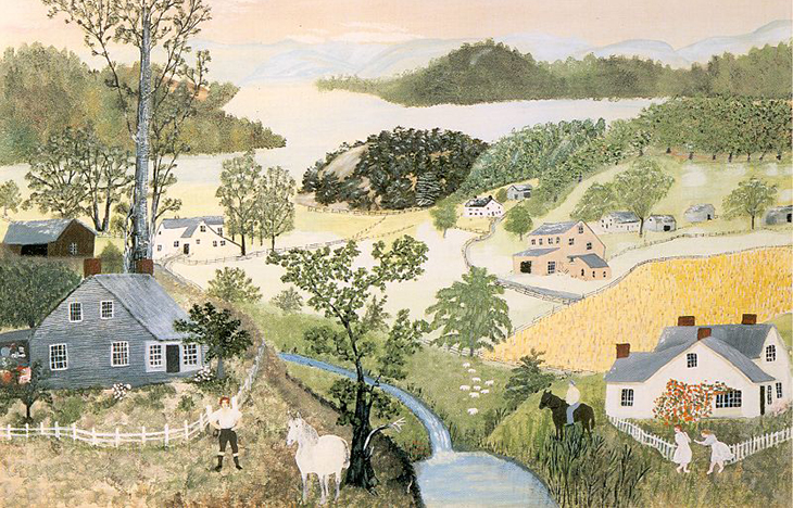 garden of praise painting, grandma moses paintings, rural landscape paintings, american rural painters, 20th century american painters