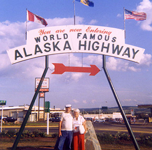 1992 world famous alaska highway sign, ernie tomlins and wife, 50th anniversary of the alaska highway, british columbia history, canadian history