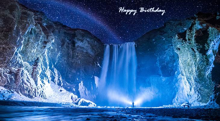 happy birthday wishes, birthday cards, birthday card pictures, famous birthdays, waterfall, skogafoss, rainbow, stars, iceland, nature scenery