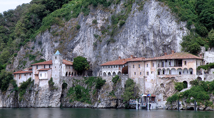 hermitage of santa caterina del sasso, lake maggiore, lombardy region italy, historic church, convents, 13th century, frescos, benedictine monks order, bell tower, 