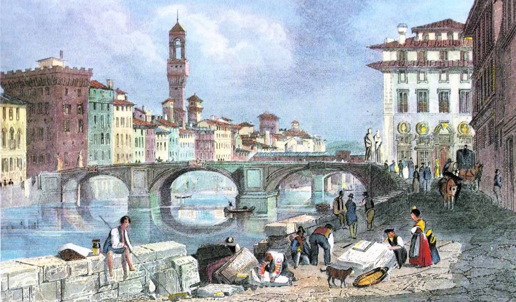 ponte santa trinita bridge, historic florence bridges, renaissance stone bridge, stone arch bridge, elliptic arch bridge, bartolomeo ammannati, arno river, florence italy, northern italy, firenze, old paintings