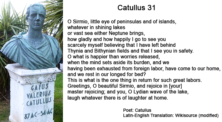 catullus bust, statue, ancient roman poet, gaius valerius catullus, sirmione, lake garda, northern italy, catullus 31 poem text
