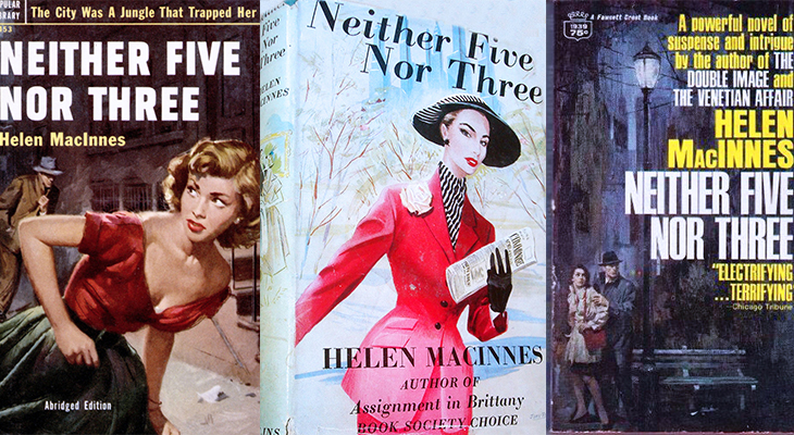 neither five nor three, book covers, helen macinnes novel, spy novels, espionage book, 1950s fashion, book cover art