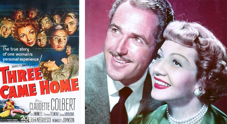 three came home, 1950s film premiere, wwii movies, classic film stars, claudette colbert, american actress, patric knowles, british actors, 