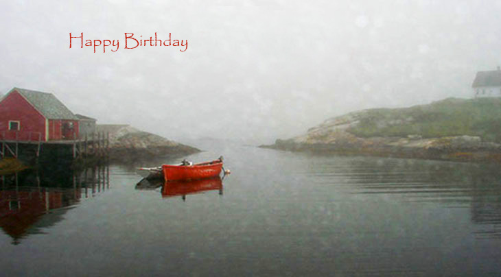 happy birthday wishes, birthday cards, birthday card pictures, famous birthdays, fishing boat, peggys cove, nova scotia, red boat, boathouse, fog, atlantic canada