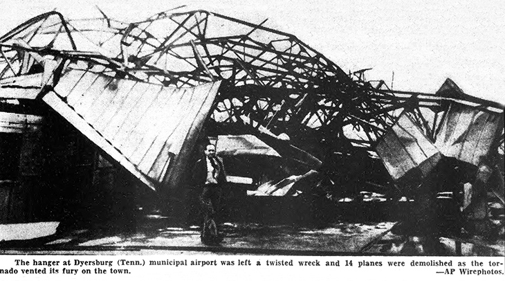 dyersburg tennessee, 1952 march, airport hanger, tornado, demolished, storm