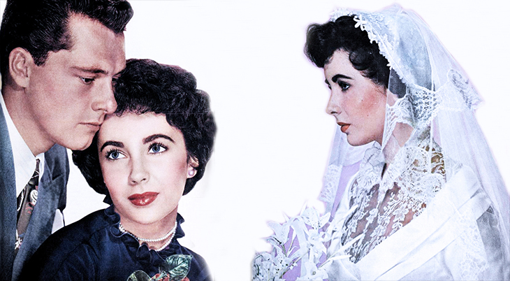 elizabeth taylor, conrad hilton jr, nicky hilton, may 1950 weddings, celebrity wedding, american actress, movie star, hilton hotel heir