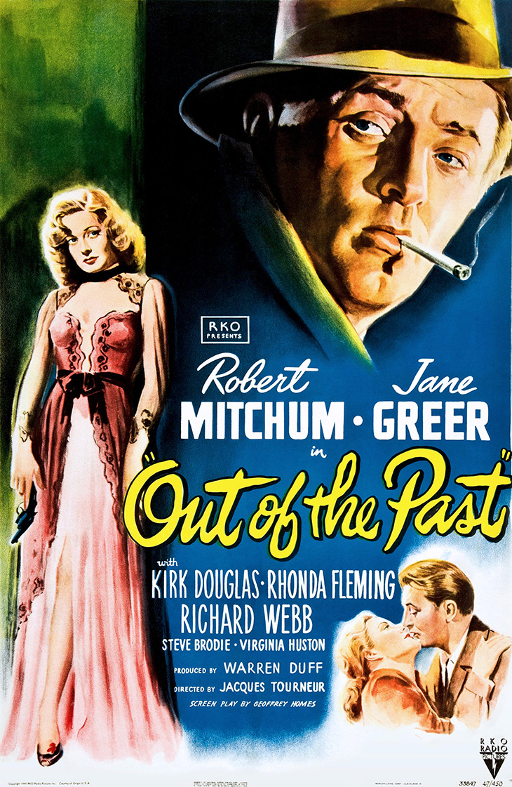 1947 movies, classic films, out of the past, film noir, movie stars, actor, robert mitchum, actress, jane greer, rhonda fleming, director, jacques tourneur, movie poster