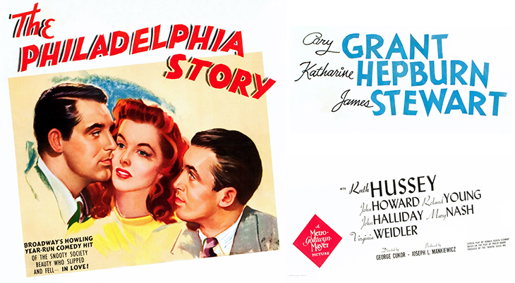 1940, classic movies, the philadelphia story, color poster, american actor, james stewart, actress, katharine hepburn, film stars, cary grant, romantic comedy movie