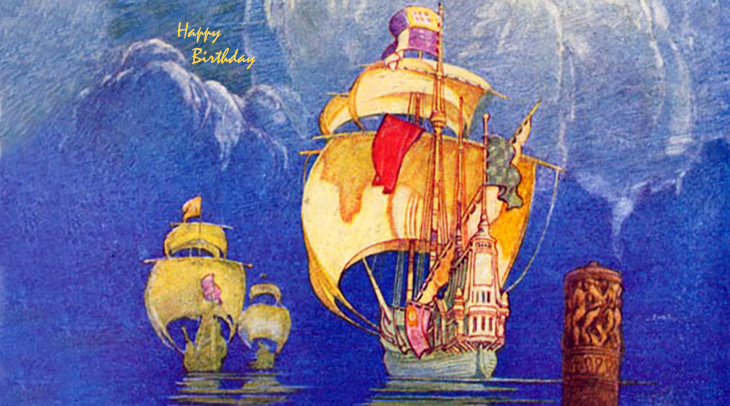 happy birthday wishes, birthday cards, birthday card pictures, famous birthdays, ships, sails, painting, franklin booth, illustration, life magazine , 1921
