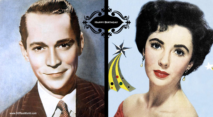 birthday wishes, happy birthday, greeting card, famous birthdays, born february 27, franchot tone, elizabeth taylor, film stars, actress, classic movies, national velvet, giant, butterfield 8, actor, the bride wore red, dancing lady