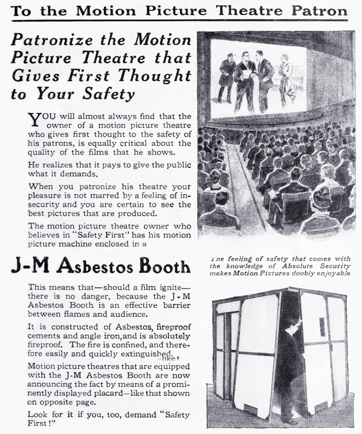 1914, asbestos ad, flammable film, nitrate film, asbestos booth, movie theatre, safety, april fool, odd, funny, unusual, strange, weird