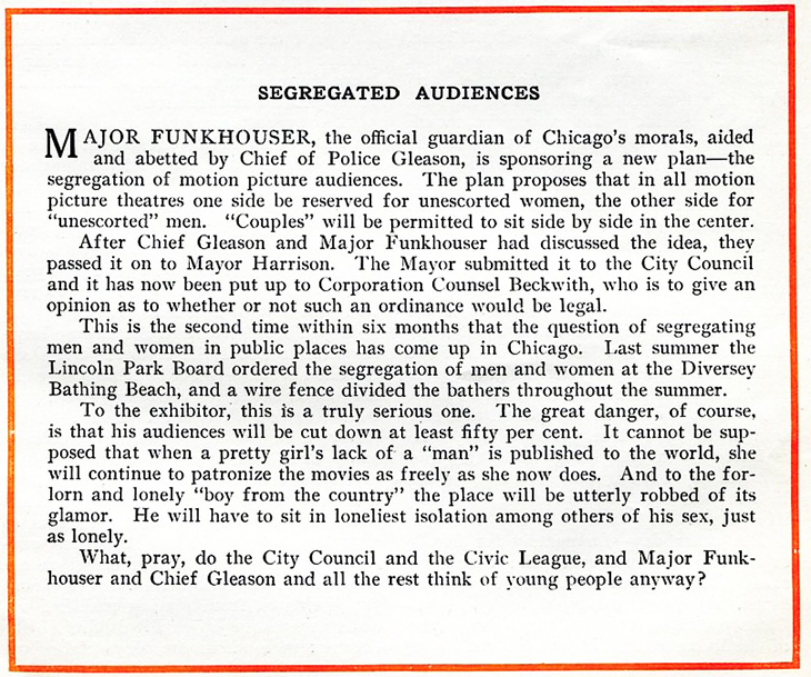 segregation, 1915, odd, unusual, funny, chicagao, major funkhouser, police chief gleason, censorship, movies, theaters