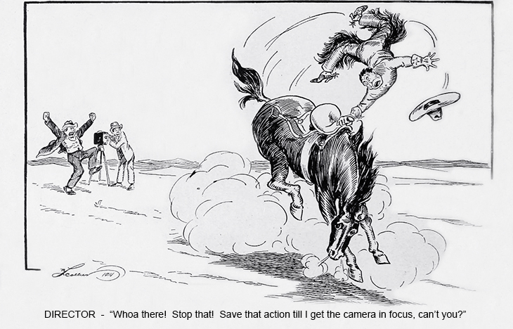 cartoons, funny, illustrations, unknown artists, movie comics, 1915, cowboy, director, films
