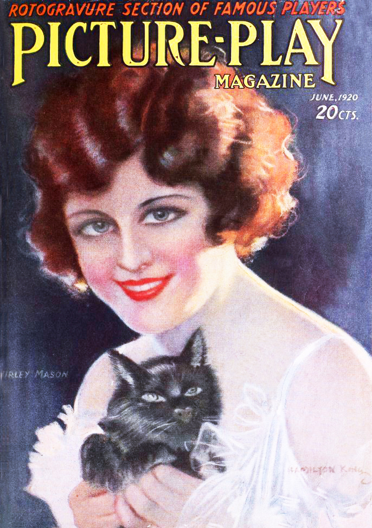 shirley mason, american actress, 1920, movie star, magazine cover, picture play, artist, hamilton king, portrait, painting, kitten, cat, pig, april fool, odd, funny, unusual, strange, weird