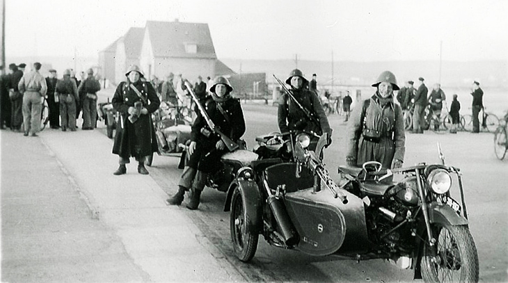 wwii, world war two, april 9 1940, denmark invasion, nazi germany, danish troops, motorcycle patrol, abenraa, soldiers