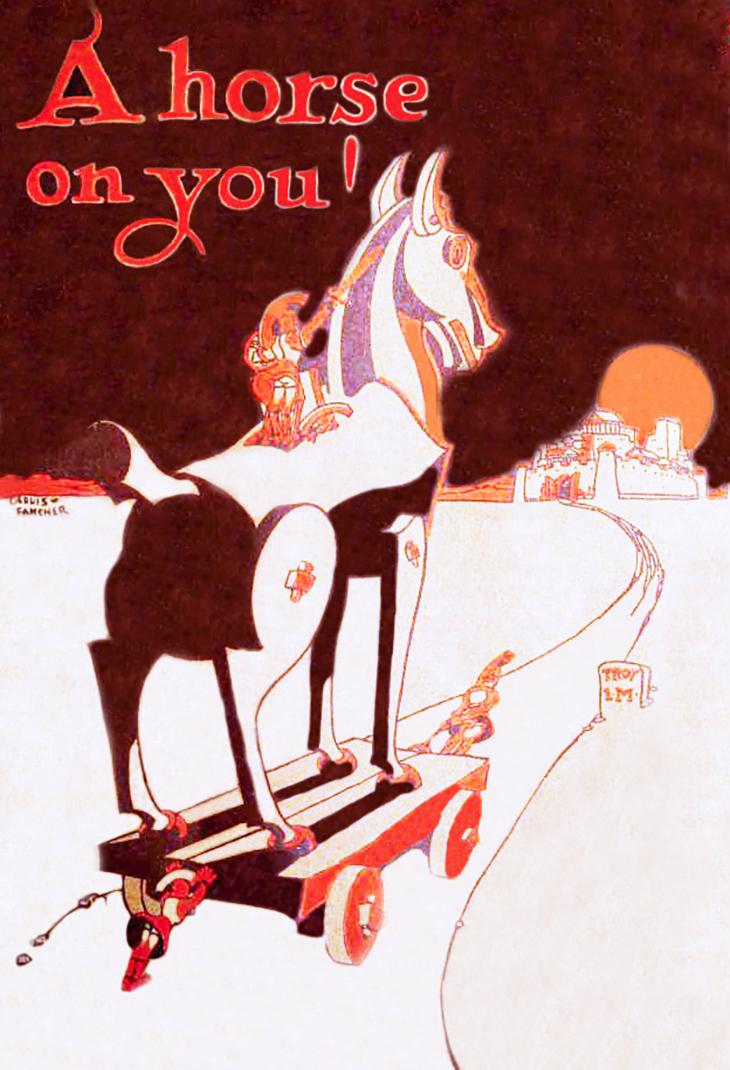trojan horse, color illustration, louis fancher, 1920, april fools, deception, trick, wooden horse, greek mythology, 