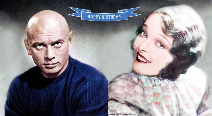 birthday wishes, happy birthday, greeting card, born july 11, famous birthdays, yul brynner, sally blane, film stars, actor, actress, silent films, classic movies, singer, the king and i, anastasia, the magnificent seven, heritage of the desert, shanghaied love, x marks the spot, oscars, tony award