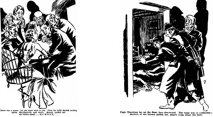 the murder at hazelmoor, 1931 book, mystery, novel, author, writer, agatha christie, the sittaford mystery, serialized, w smithson broadhead, illustrator, illustrations, seance, murder, captain trevelyan