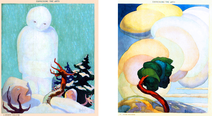 shadowland, magazine cover, art deco, paintings, watercolor, german american artist, a m hopfmuller, adolph m hopfmuller, brewster publications, 1923, january, a winter idyl, march wind