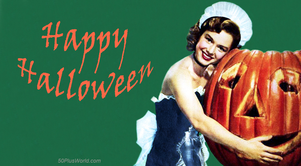 happy halloween, greeting card, vintage, retro, halloween wishes, pumpkin, debbie reynolds, american actress, classic movies, film star