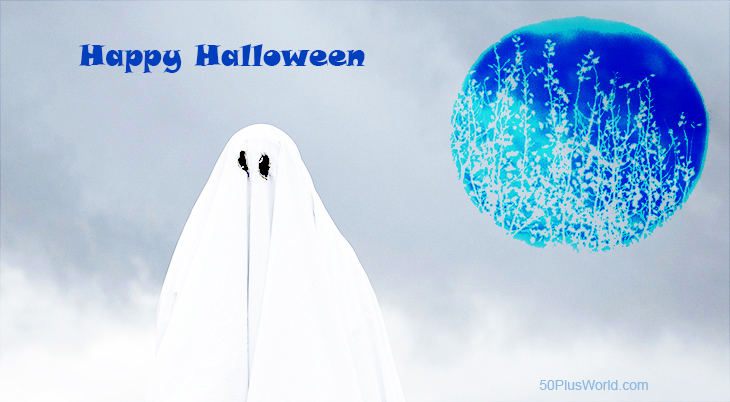 happy halloween, greetings, greeting card, halloween wishes, ghost, scary, spooky, spirit, moon, blue moon
