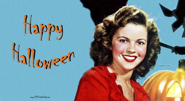 happy halloween, greeting card, halloween wishes, shirley temple, child star, actress, 1930s, 1940s, movies, film star, pumpkin, witch, broomstick