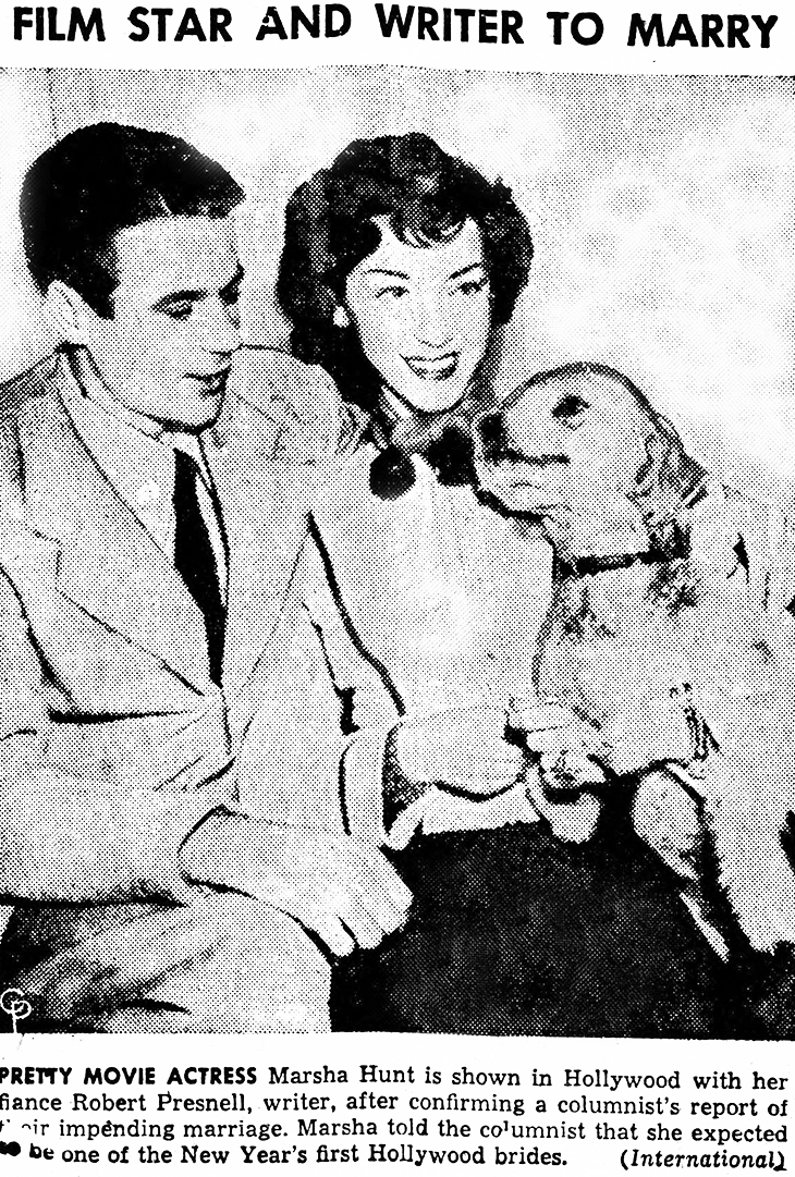 marsha hunt, american actress, movie star, screenwriter, robert presnell jr, 1945, celebrity couple, engagement, 1940s, films