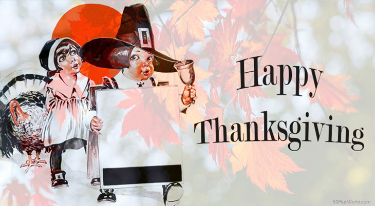 thanksgiving day wishes, 2021, happy thanksgiving, greeting card, pilgrims, turkey, vintage, red leaves, autumn leaves