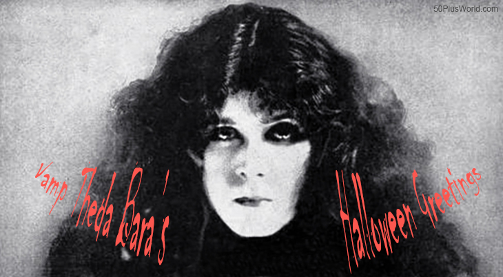 happy halloween, greeting card, vintage, retro, halloween greetings, theda bara, american actress, silent movies, vamp, film star