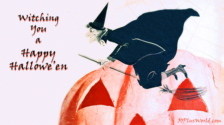 happy halloween, greeting card, vintage, retro, halloween wishes, pumpkin, orange, witch, broomstick, witching you, cartoon