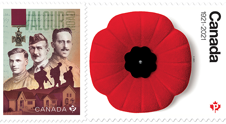 canada post, postage stamp, commemorative, world war one, wwi, poppy, valour road, canadian soldiers, veterans, corporal lionel clarke, company sergeant major frederick william hall, lieutenant robert shankland, victoria cross recipients